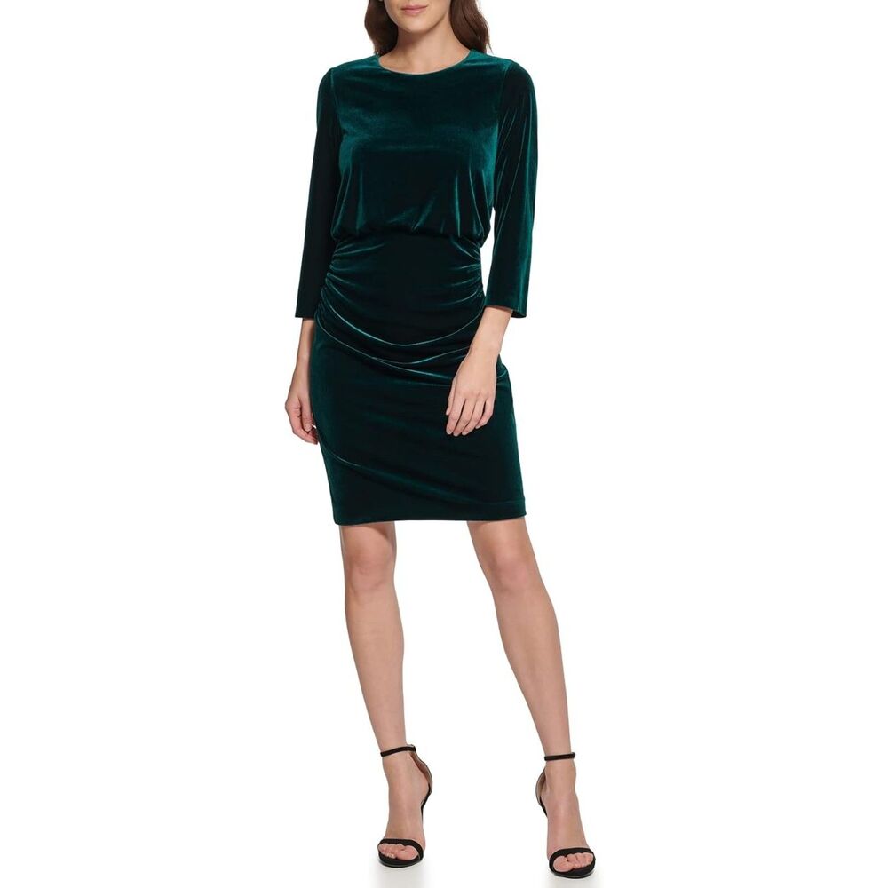DKNY Dark Green Sz Medium Soft Stretchy Velvet Knee Length Blouson Sheath Dress